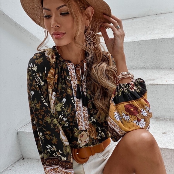 floral boho neck tie tassel balloon sleeve top - Picture 4 of 7